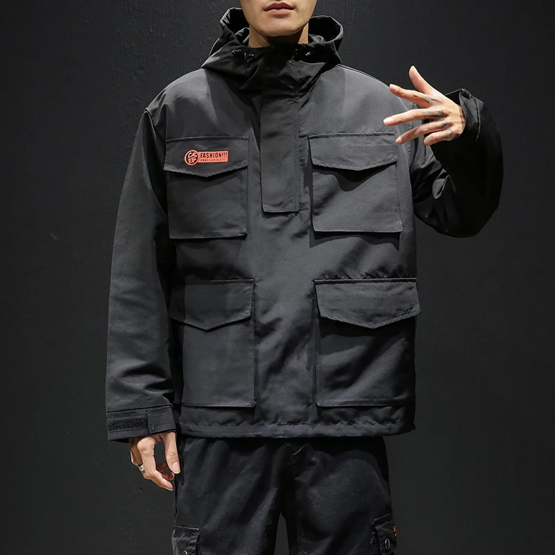 

2019 New Cargo Jackets Men Autumn Solid Hip Hop Pocket Jacket Casual Loose Jacket and Coat Men Streetwear 4XL 5XL