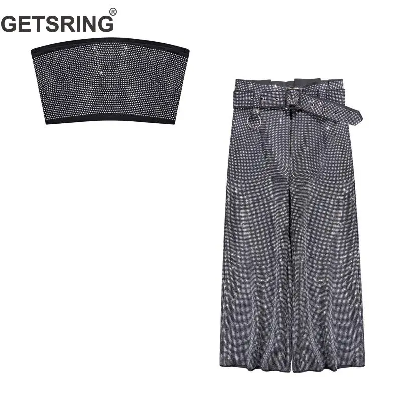 

GETSRING Woman Set Sleeveless Strapless Diamond Tops High Waist Diamond Wide Leg Pants 2 Piece Set Women 2019 New Fashion Sexy