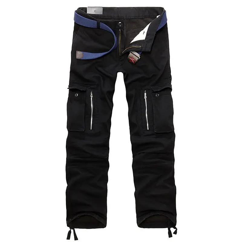 Мужские флисовые брюки карго, зимние плотные теплые штаны, полная длина, мульти карманы, повседневные военные мешковатые тактические брюки, плюс размер 29-40 - Цвет: Black