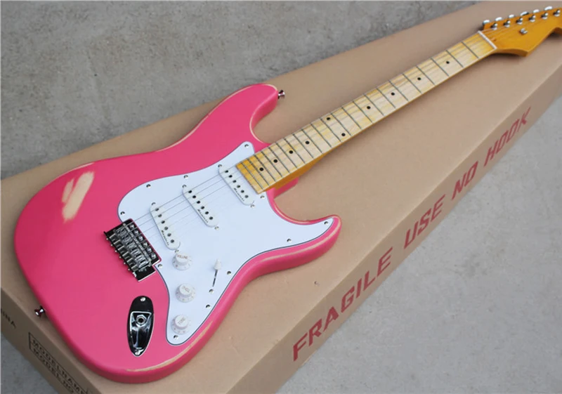 Pink Vintage Style Electric Guitar withWhite Pickguard,SSS Pickups