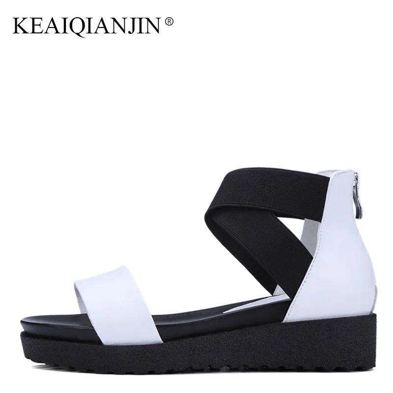 

KEAIQIANJIN Woman Genuine Leather Black White Sandal Fashion Platform Heels Elastic Band Shoes Casual Summer Zipper Sandals 2018