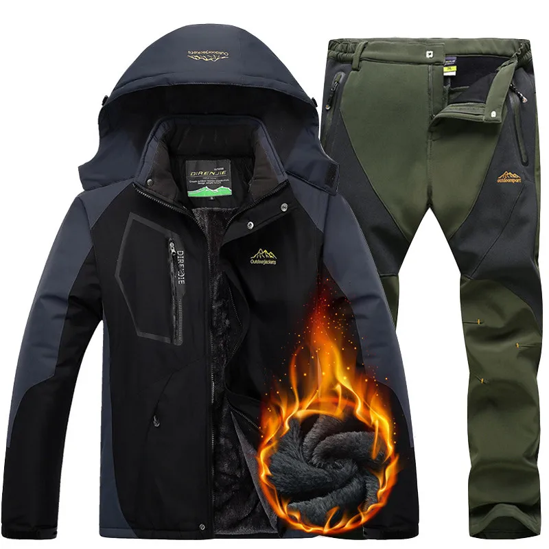 CCIVICFREE, Мужская водонепроницаемая куртка, брюки, для походов, походов, охоты, куртки, мужские, зимние, тепловые, флис, сноуборд, лыжный костюм - Цвет: Black Army green