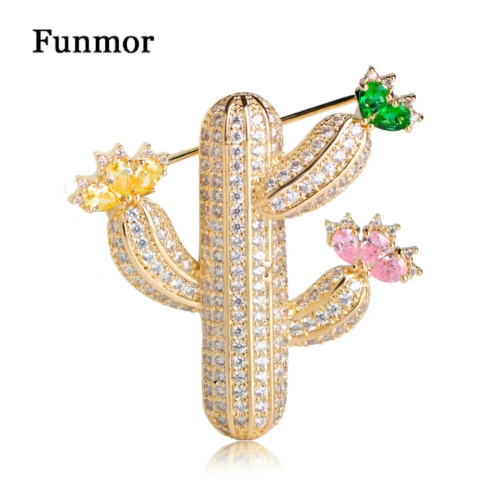 

Funmor Micro Pave CZ Cactus Flower Brooches For Kids Lady Copper Plant Corsage Suit Scarf Dress Decoration Harajuku Pins Badge