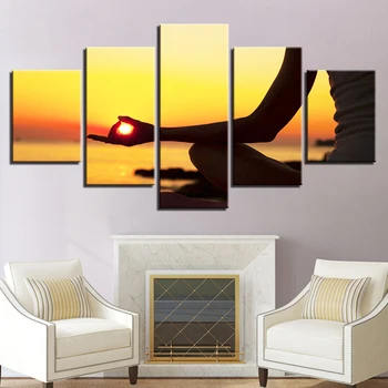 

Modern HD Printed Paintings 5 Panel Sunset Meditation Tableau Wall Art Pictures Modular Posters Canvas Home Decoration Framed
