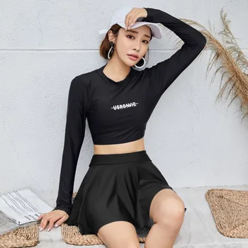 

Women Piece Swimsuit Rash Guards Bath Clothes Suit Women's 2019 Girls Padded Bikini New Female High Waist Skirt Black Long
