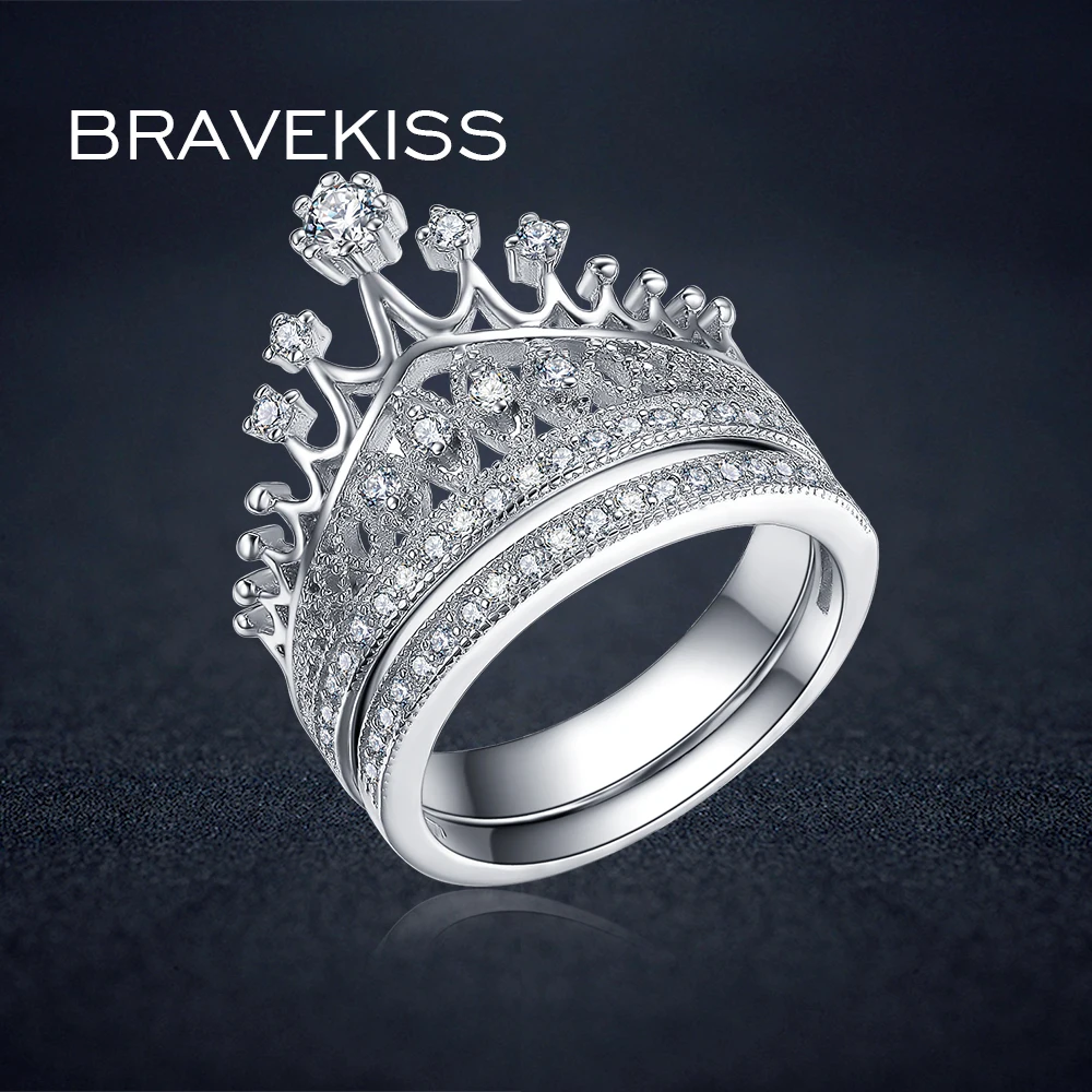 

BRAVEKISS Fshion Crystal Engagement Finger Double Layer Ring Double 925 Sterling Silver Pringcess Crown Ring For Women BLR0336