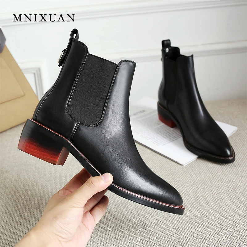 

MNIXUAN handmade women shoes winter ankle boots 2018 pointed toe real leather medium heels chelsea boots short boots black size4