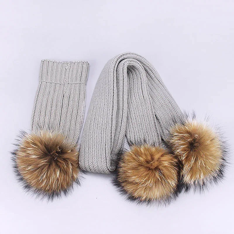 Children Pompon Beanie Hat Scarf Set Autumn Winter Outdoor Knitted Cotton Warm Real Raccoon Fur Pom-pom Caps Scarf 2 Piece Suit