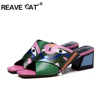 

REAVECAT Genuine leather Outside slippers sandals Open Toe Thick Heel Hoof Mid heels Slip on Shoes Muticolor Party pantuflas