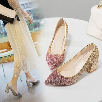 

New Women Shoes Pumps Bling Pointed Toe Slip-On Classics Shallow 6.5cm Thick High Heels Club Wedding Lady Party Female Shoes