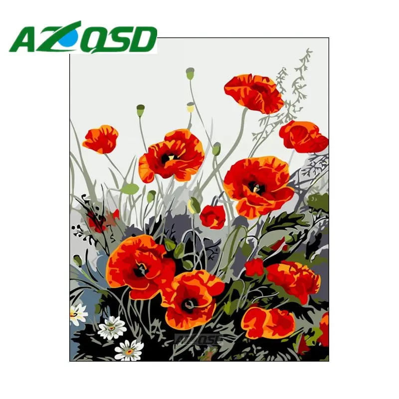 AZQSD Red Flowers Paint By Numbers Home Decor Frameless 40x50cm Acrylic