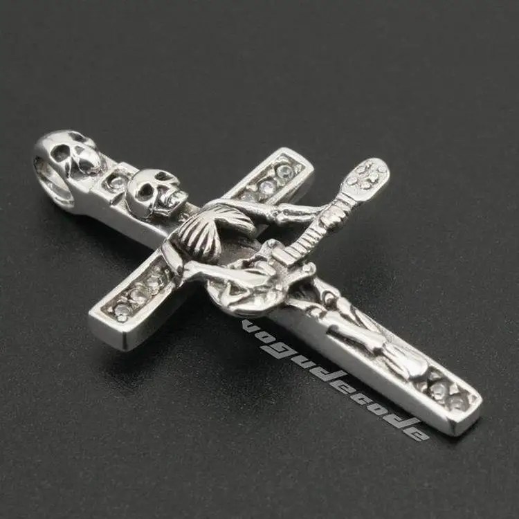 

925 Sterling Silver Skull Guitarist On Cross Mens Biker Pendant 8B016(Necklace 24inch)