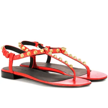 

Beach Slipper Sexy Open Toe Rivets Stud Gladiator Sandals Buckles Summer Plus Size 42 Genuine Leather Flat Shoes sandalias Women