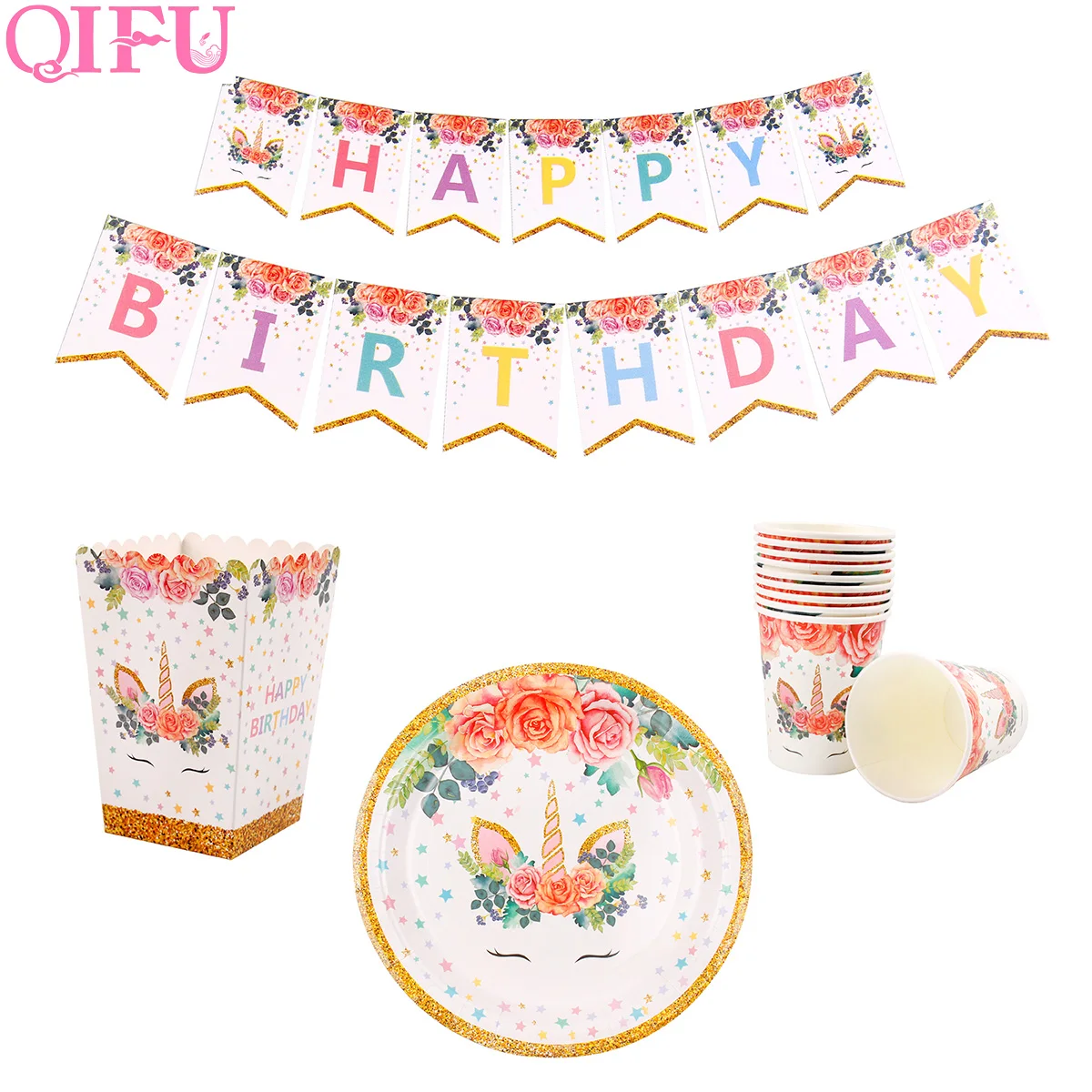 

QIFU Unicorn Party Decorations Kit Unicornio Theme Disposable Party Tableware Disposable Plastic Plates Cups Baby Shower Girl