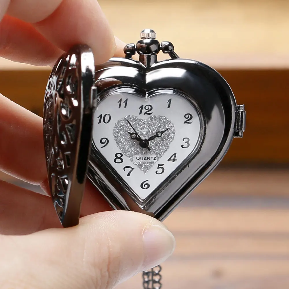 Black Silver Bronze Pierced Heart Shape Pocket Watch Necklace Pendant