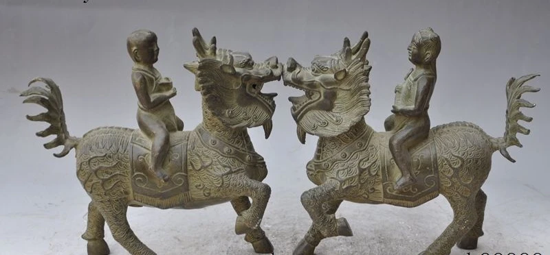

8"China Bronze Boy child Girl Ride Kirin Unicorn Kylin Beast wealth Statue Pair