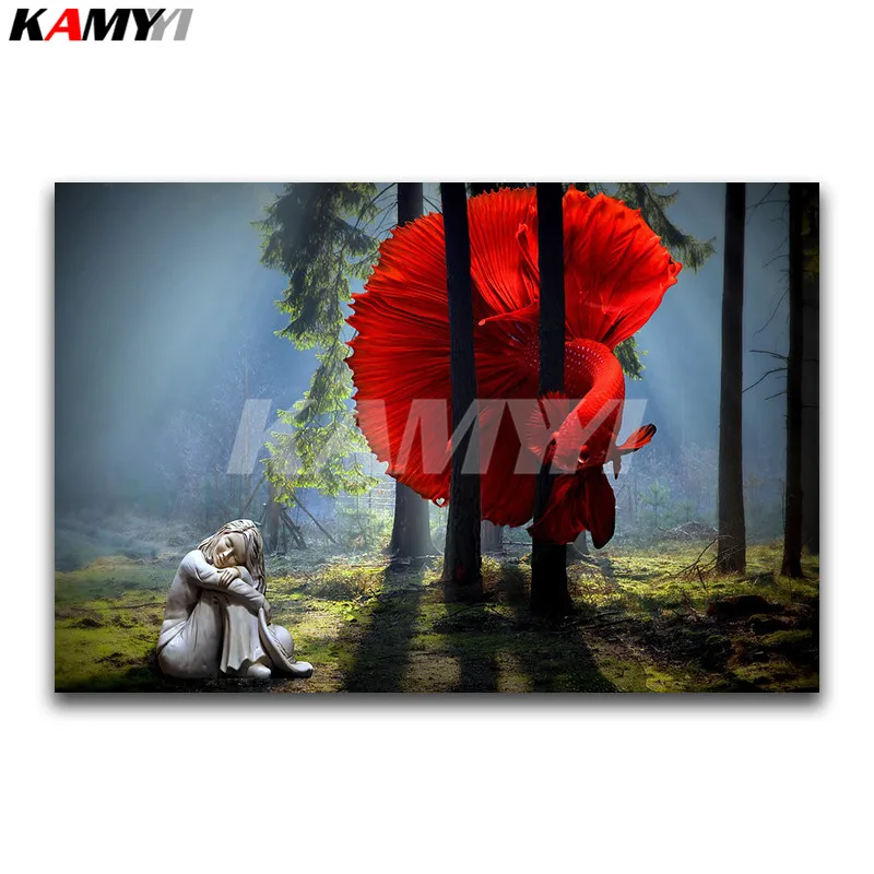 

Full Square Diamond embroidery Cross stitch Cartoon Full Round Diamond mosaic girl & goldfish 3D DIY Diamond painting fish