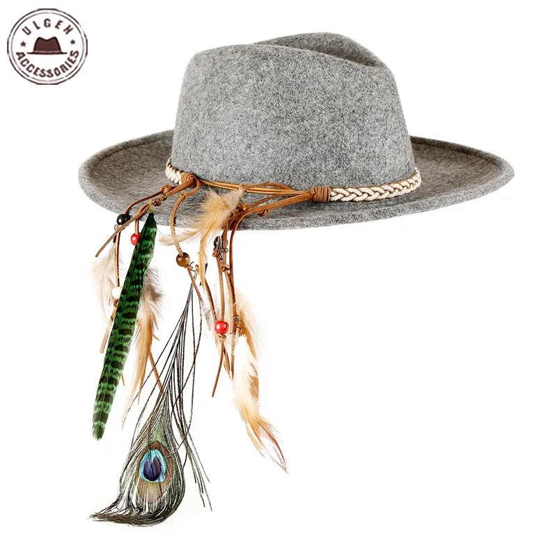 

ULGEN Vintage unisex wool Jazz hats large brim felt cowboy panama fedora hat for women feather band black grey fedoras [HUL176g]