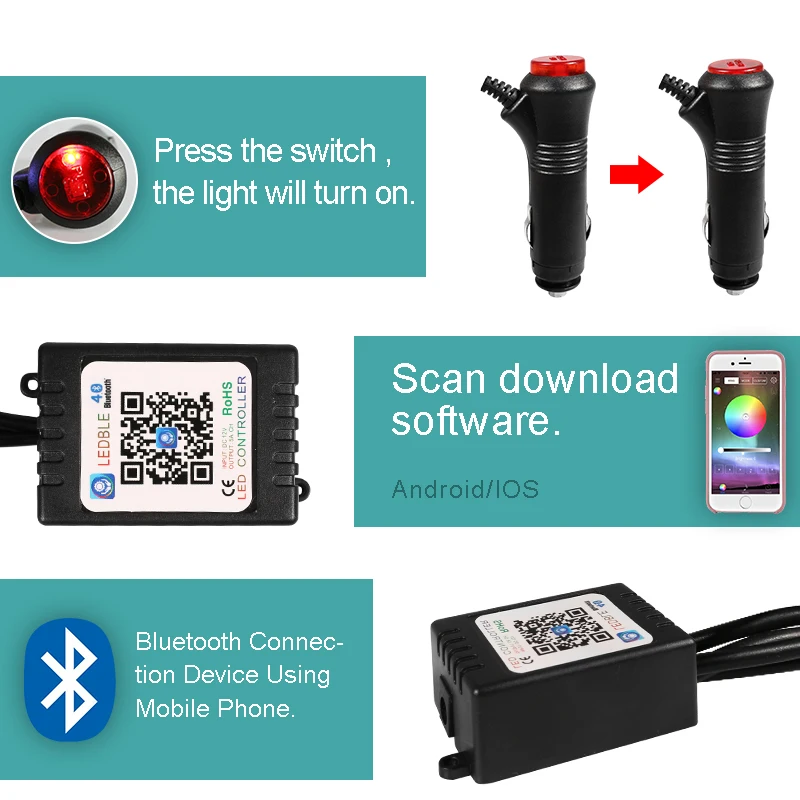 YCCPAUTO 12LED Bluetooth APP Автомобильная атмосферная лампа разноцветный интерьер
