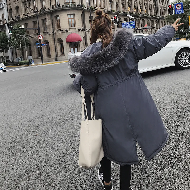 Зимнее длинное пальто с большим меховым капюшоном куртка Толстая теплая Женская