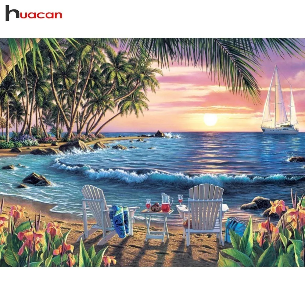 

HUACAN Diamond Embroidery Landscape Full Drill Resin 5D DIY Diamond Painting Summer Sea Cross Stitch Beach Decoration Home