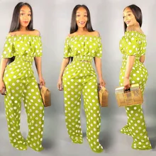 Plus Size Loose Women Polka Dot Off Shoulder Shirt Pants 2 Piece Set Summer Casual Slash Neck Crop Top+Wide Leg Pants Tracksuit