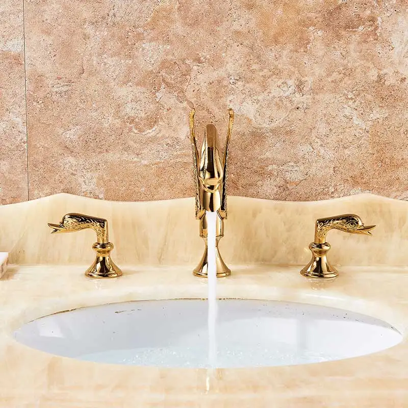 Золотой кран для раковины в стиле лебедя широко распространенный кран для раковины ванной комнаты хромированный смеситель кран с двойной ручкой кран в форме животного смеситель
