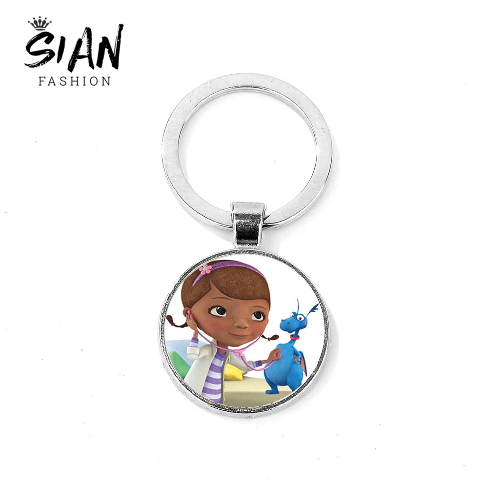 

SIAN Hot Doc Mcstuffins Keychain Dottie Girl and Cute Blue Dragon Cartoon Printed Round Pendant Keyring Baby Girls Birthday Gift