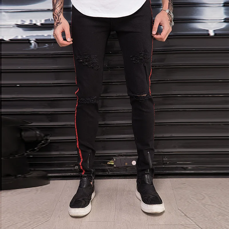 Облегающие джинсы-стрейч для мужчин High Street мужской рваные байкерские джинсы для женщин проблемных Slim stripe keen с разрывами, длиной до
