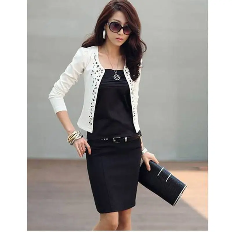 Women's Black Suit Jacket Rhinestone Rivet Puff Long