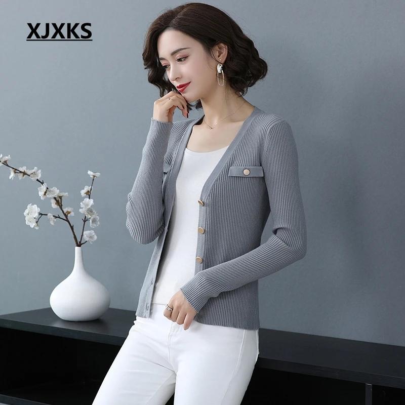 

XJXKS Women Elastic Sweater Autumn 2019 Women Casual Cardigan Long Sleeve V-Neck Knitted Sweater Comfortable Fashion Cardigan