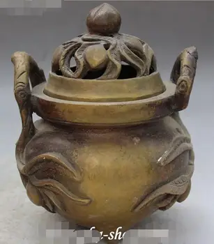 

Chinese Bronze Hollow Carving Peach Leaf Statue Incense Burner Censer Incensory
