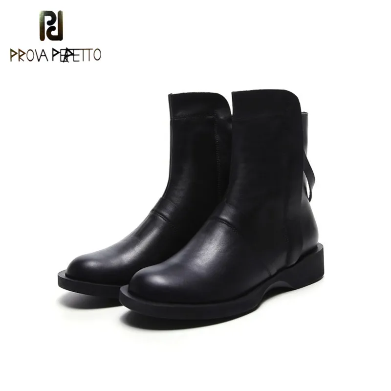

Prova Perfetto Elegant Top Sale Low Heels Black Martin Boots Winter Real Leather Slip on Ankle Boots Western Style Fashion Boots