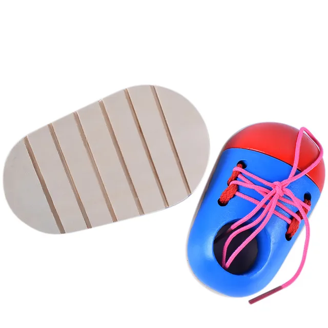 1Pcs Random Kids Montessori Educational Toys Children Wooden Toys Toddler Lacing Shoes Early Education Montessori Teaching Aids 2