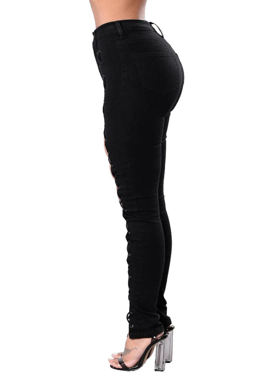 Large Size Wash Denim Black Lace up Front Sculpt Jeans S-3XL New Fashion Women Pencil Pants Butt Li