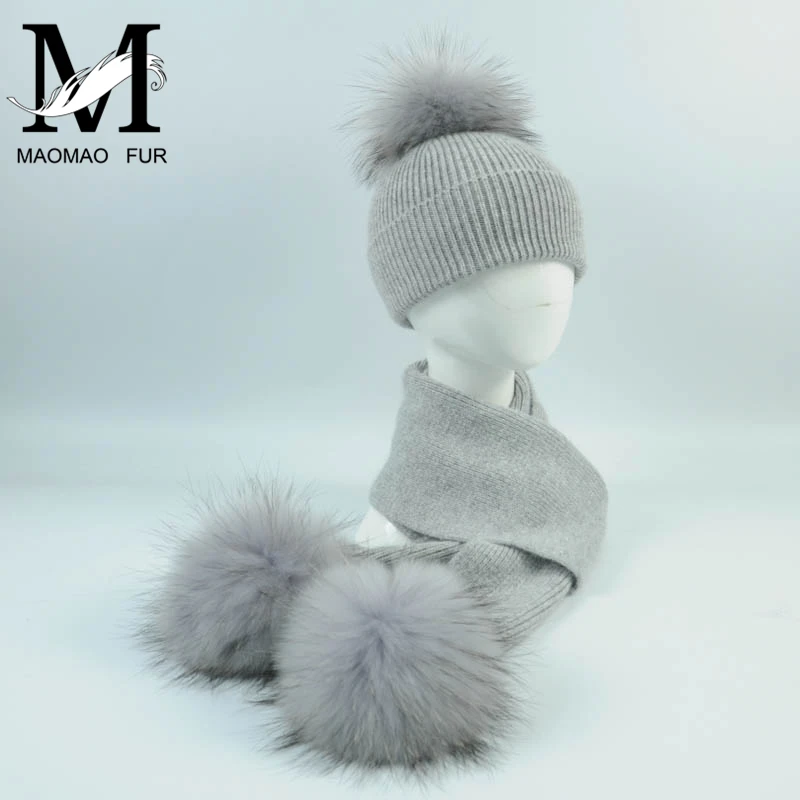 New Fashion Children's Wool Knit Hat Scarf 2 Pieces Set Winter Warm Kids Baby Boy Girl Raccoon Fur Pom poms Soft Hat Scarves