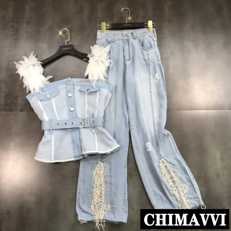 

2019 New Summer Feather Mesh Shoulder Denim Sling Tops + Drill Chain Wide Leg Jeans Trousers Two Piece Women Jeans Pants Set