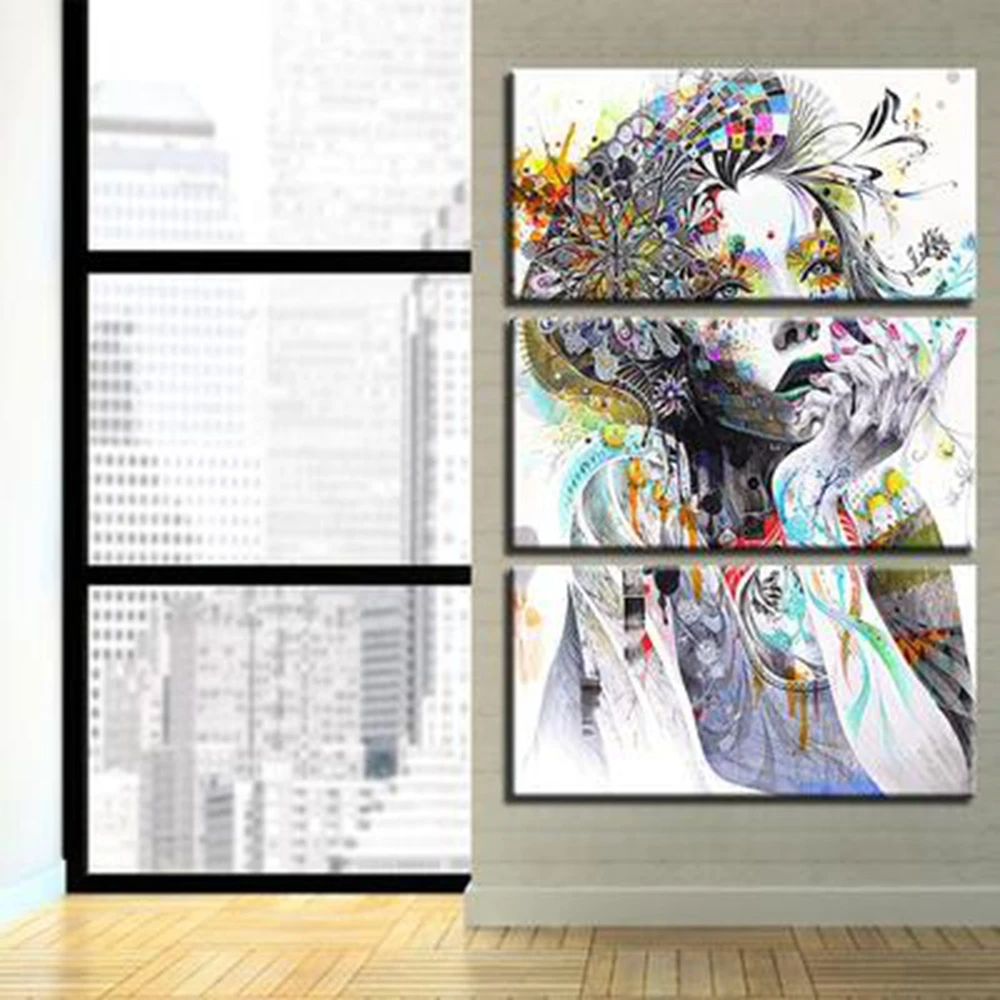 Multicolor Pencil Painting Canvas Print Flower Girl Portrait Artwork Picture for Lobby Area Room Wall Decor 3 Pieces Home Decor