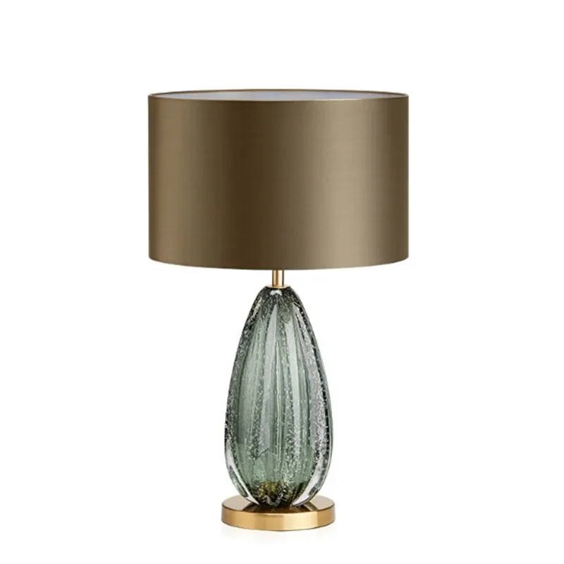 gold metal base green glass support fabric table lamp