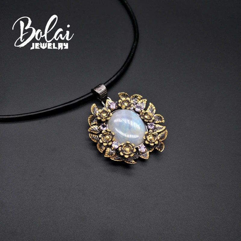 

Bolaijewelry,blue moonstone pendant natural big size gemstone roses design retro style 925 sterling silver woman fine jewelry