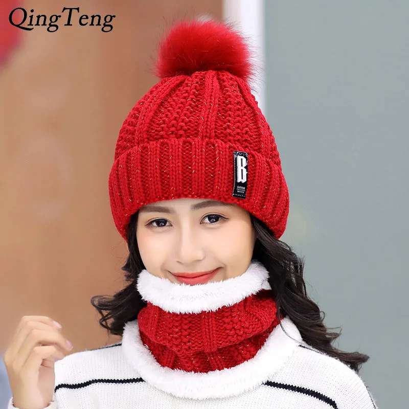 

Winter Hats For Women Fur Pom Poms Ball Knitted Hats Scarf Hat Within Riga Velvet Ladies Hats Mask Bonnet Female Balaclava