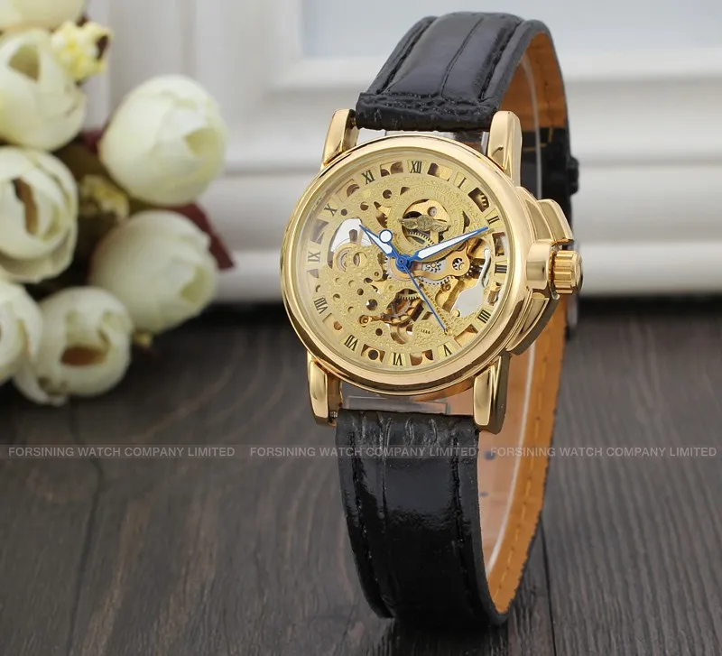 Победитель женские часы Автоматическая Механическая кожаный ремешок Скелет Аналоговый бренд Уникальный наручные часы цвет золотой WRL8011M3G4
