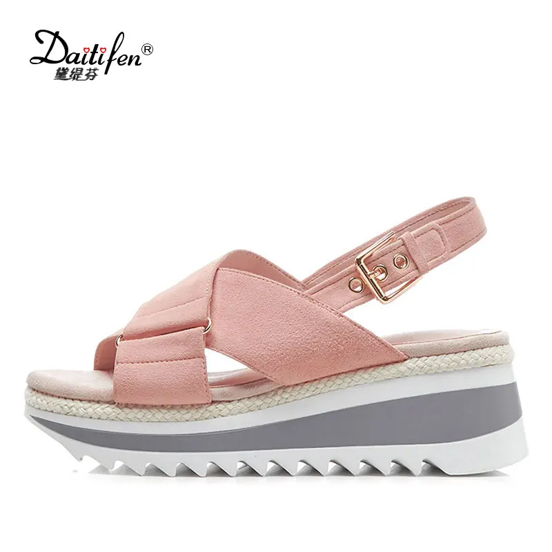 

daitifen Genuine Leather Flat Sandals Women Casual Summer Platform Shoes Roman Sandals Nude Cross Strap Flats Shoes Pink Black