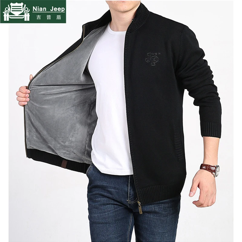 New Plus Velvet Winter Sweater Men Brand AFS JEEP Solid Cardigan Zipper Mens Sweaters Keep Warm Stand Collar cardigan masculino