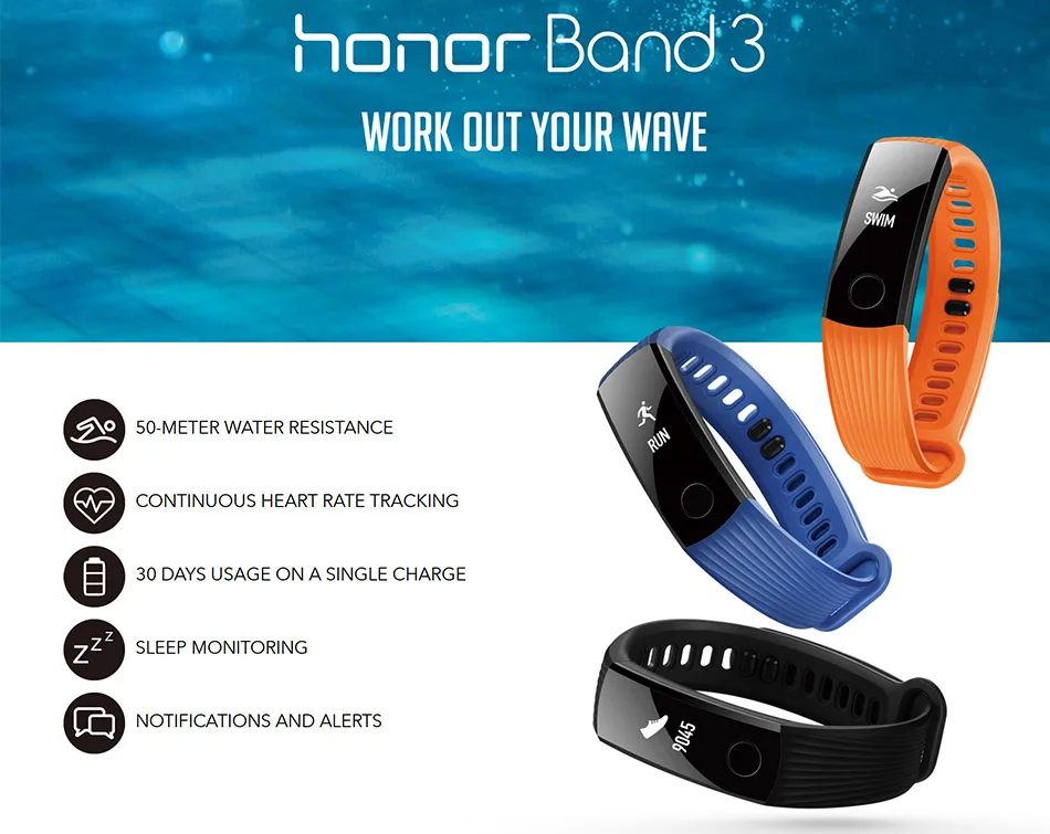 Смарт-браслет Honor Band 3 монитор сердечного ритма Push Message фитнес-трекер 0,9" OLED экран сенсорный экран браслет