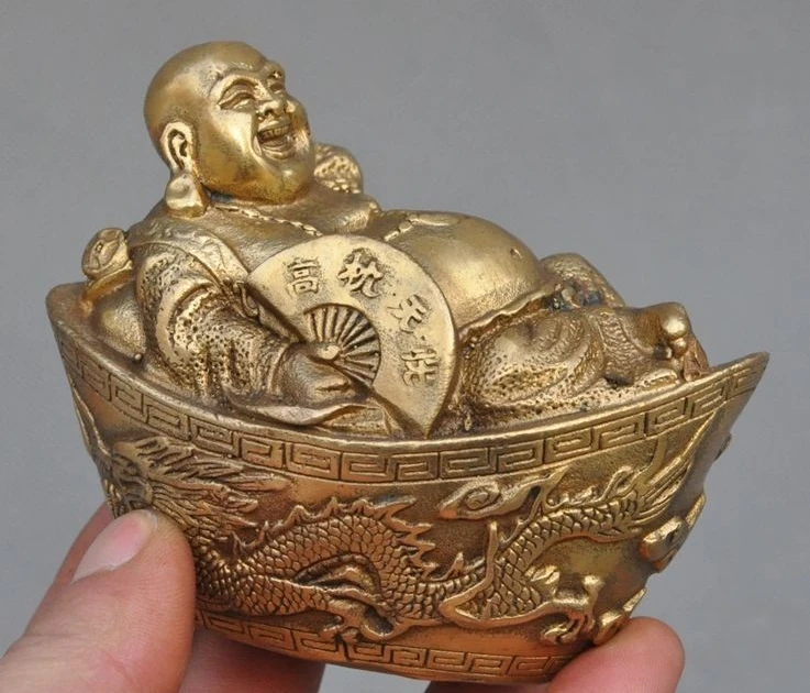 

China Buddhism brass Copper Dragon Phoenix yuanbao Wealth Maitreya Buddha Statue