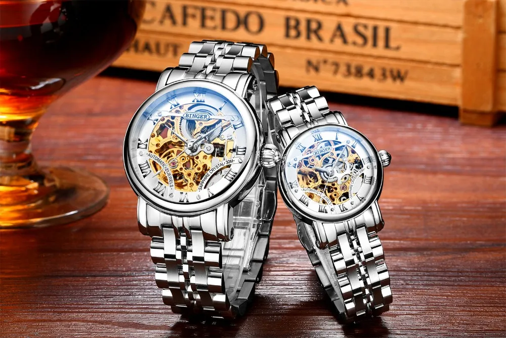 BINGER Luxury Gold Automatic Watches Skeleton Fashion Business Watch Men Mechanical Wristwatch Full Steel relogio masculino