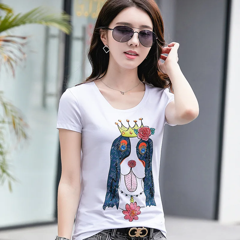 

Woman Carton Dog Crown Sequined Beading T-shirts Short Sleeved Casual O-Neck T Shirt Summer shirt