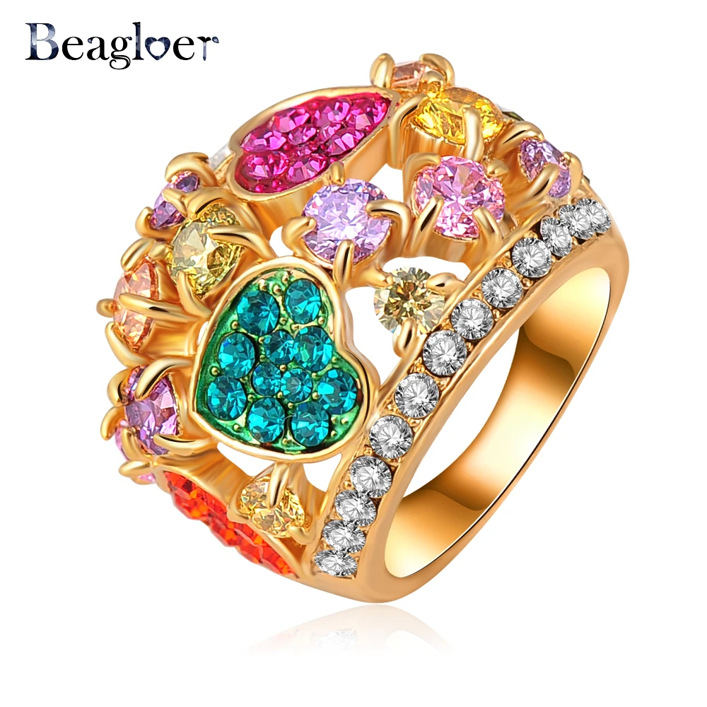 Beagloer Latest Style Ring Multicolored Austrian Crystal Ring Gold