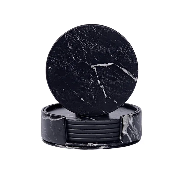 black round Креативная подставка для стаканов из искусственной кожи Мраморная Подставка для стаканов, напитков, кофейных чашек, чайных подушечек, обеденных столов, столовых приборов, черного и белого цветов, шикарное украшение 6 шт - Цвет: black round